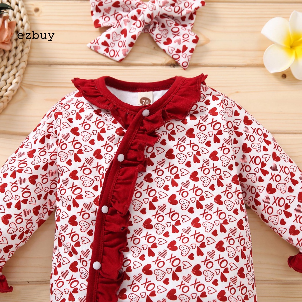 Set 2 Áo Liền Quần Mềm Mại Thoải Mái In Họa Tiết Trái Tim Kèm Băng Đô Cho Bé