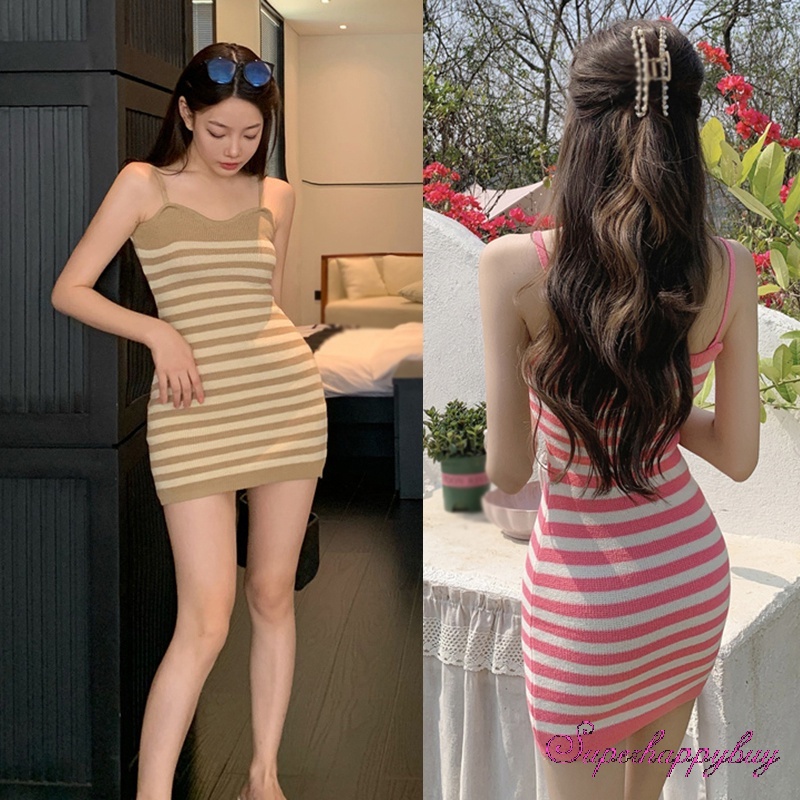 Đầm Hai Dây Mỏng Cổ Chữ V Họa Tiết Kẻ Sọc Cho Nữ