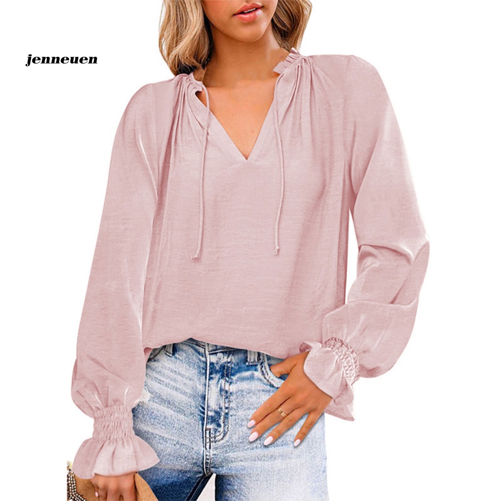 Áo Sơ Mi Voan Tay Dài Phồng Cổ Chữ V Màu Trơn Thắt Dây Phía Trước Kiểu Dáng Đơn Giản Cho Nữ