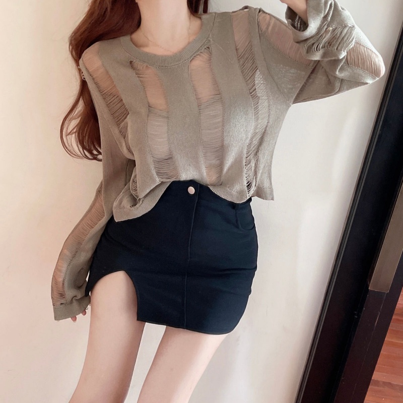 New design sense niche knitwear hole hollow long sleeve sun-proof blouse ice silk knitted base girl's top pure sweet hot girl sexy perspective T-shirt