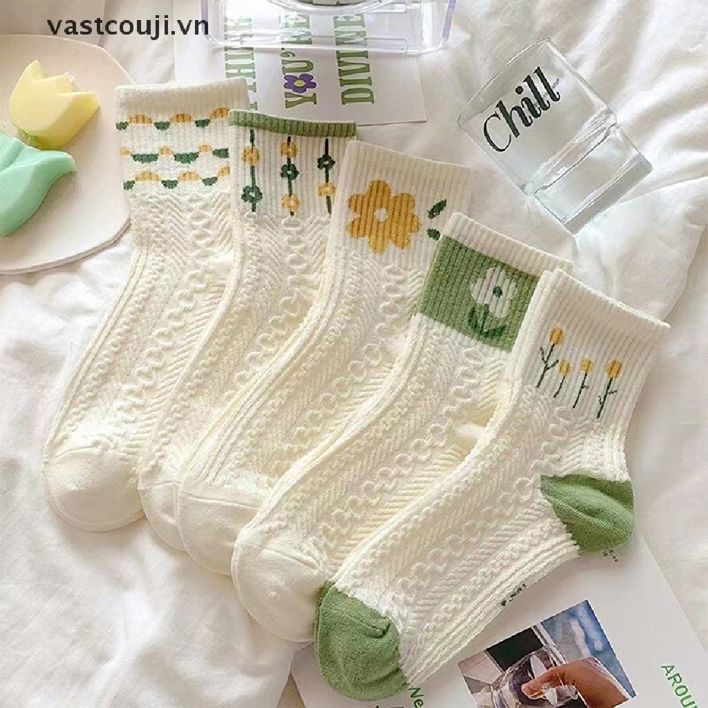 Bộ 5 Đôi Tất Cotton Thấm Hút Mồ Hôi In Họa Tiết Hoa Nhỏ Xinh Xắn Phong Cách Nhật Bản