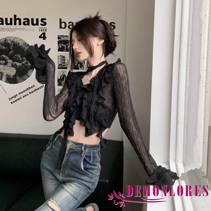 Áo Thun Lưới Tay Dài Cổ Chữ V Màu Đen Phong Cách Hàn Quốc Thời Trang Xuân Hè Dành Cho Bạn Nữ