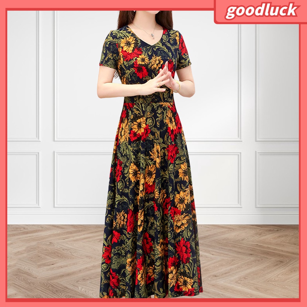 Đầm Maxi Tay Ngắn Cổ Chữ V Dáng Rộng In Họa Tiết Hoa Phong Cách Vintage Thời Trang Mùa Hè Cho Nữ
