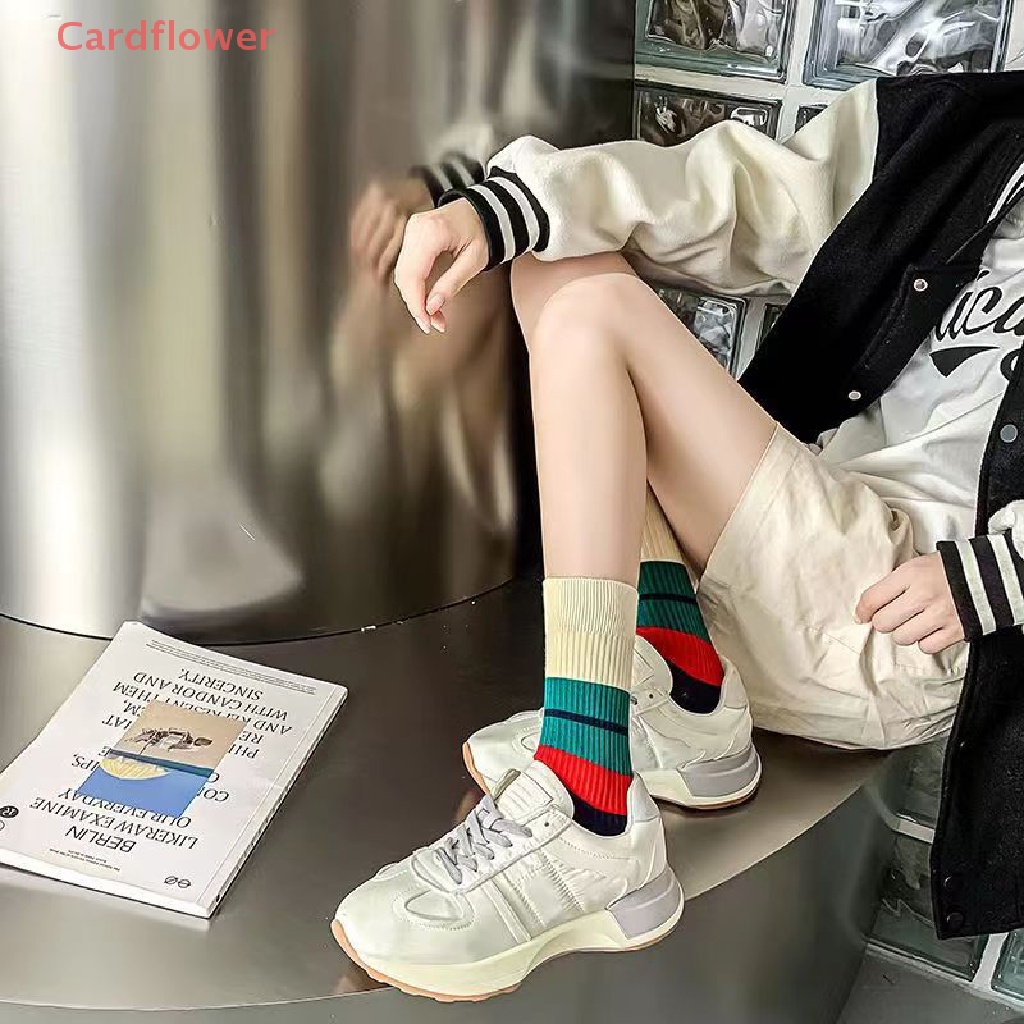 < Cardflower > Vớ Thể Thao Cotton Mỏng Thoáng Khí Thoải Mái Thêu Họa Tiết Sọc Xanh Lá Phong Cách Hip Hop Đơn Giản Thời Trang Unisex Cho Nam Và Nữ