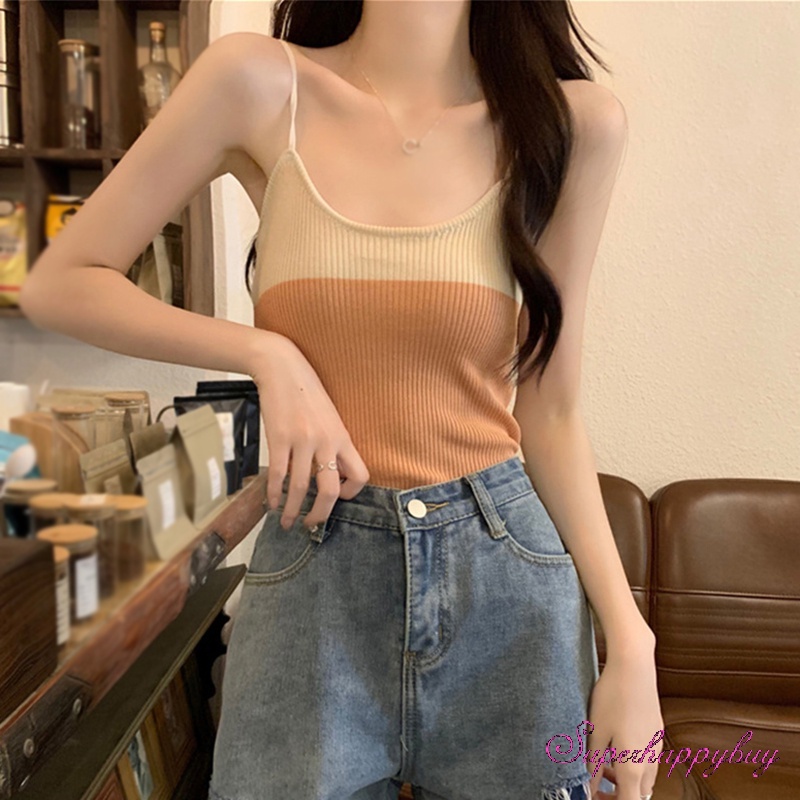 Áo Tank Top Dệt Kim Sát Nách Màu Tương Phản Thời Trang Mùa Hè Cho Nữ