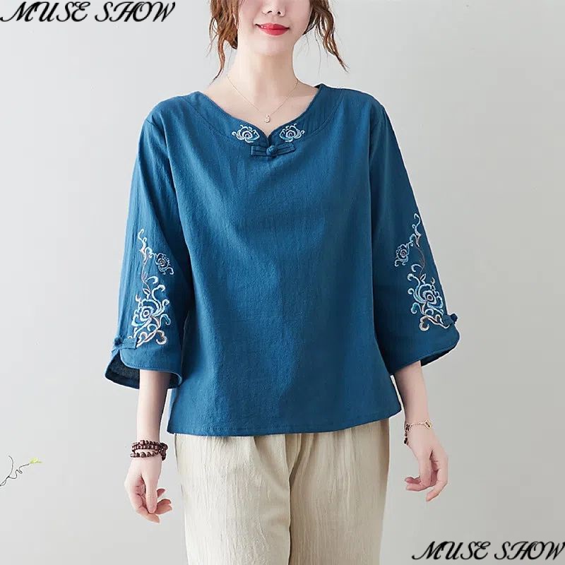 Áo Thun Cotton Lanh Mỏng Dáng Rộng Cài Khóa Kiểu Trung Hoa Thời Trang Xuân Thu 2023 Cho Nữ V2FZ