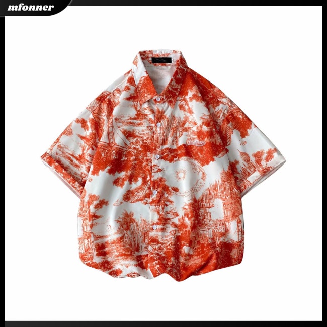 Áo Thun Lụa Lạnh Tay Ngắn Cổ Bẻ In Hình Phong Cảnh Phong Cách Retro Cho Nam Giới