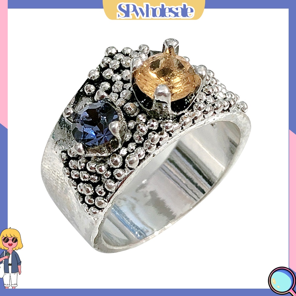 &lt;SPwholesale&gt; Nhẫn Bản Rộng Đính Đá Zircon Khối Hai Màu Cổ Điển Trang Sức Cô Dâu