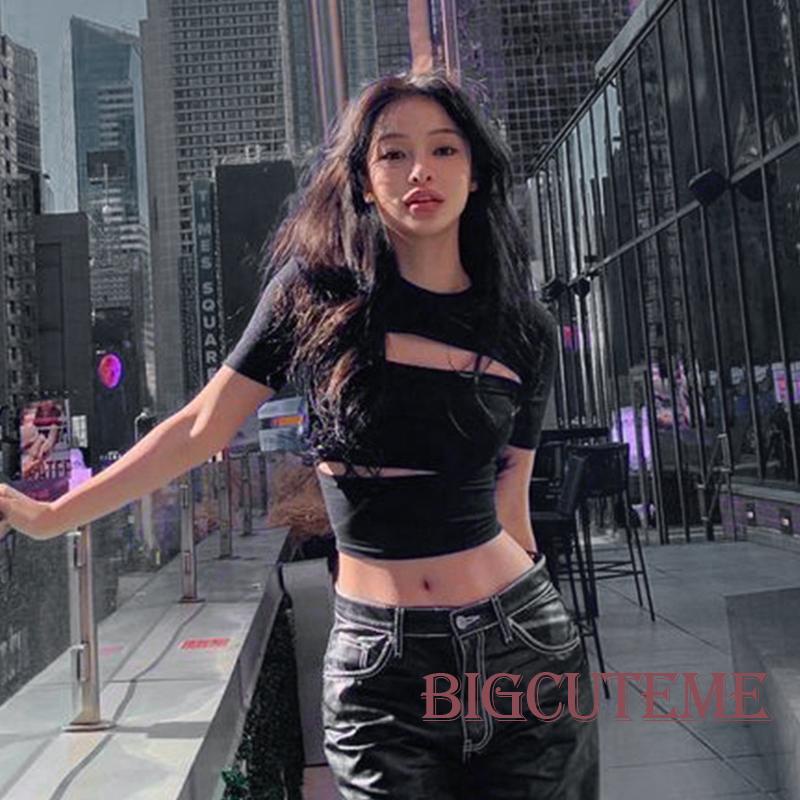 Áo Thun Crop Top Tay Ngắn Cổ Tròn Màu Đen Trơn Thời Trang Mùa Hè Cho Nữ