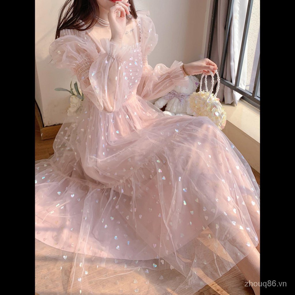 Đầm Chữ a Tay Dài Phồng Phối Lưới Phong Cách Mùa Xuân 2022 Màu Trơn Desire Style n Rona River