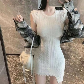 New fashion elegant slim knit dress sexy tassel slimming dress sexy irregular hem sleeveless hip-wrapped dress