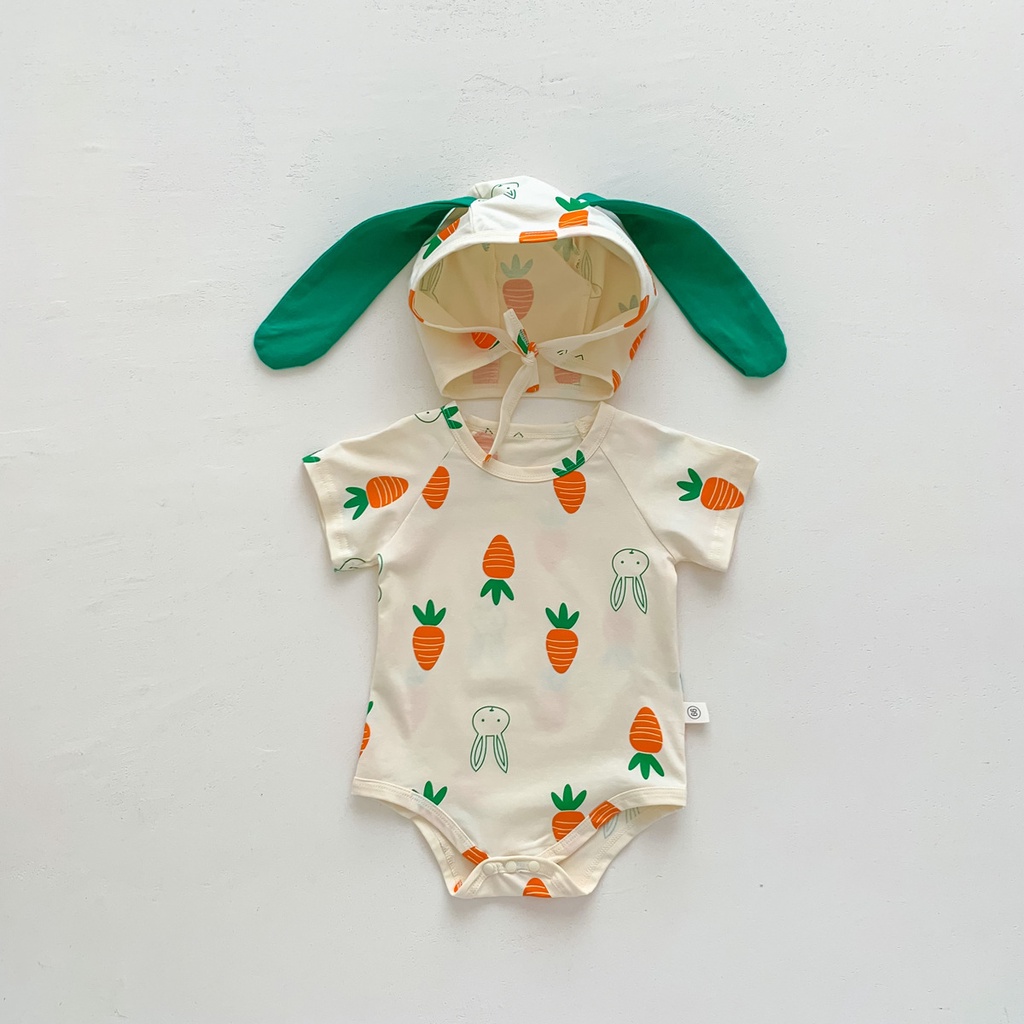 Bộ Áo Liền Quần Tay Ngắn In Hình Thỏ + Mũ Tai Thỏ Dành Cho Bé Trai Gái 0-24 Tháng Tuổi