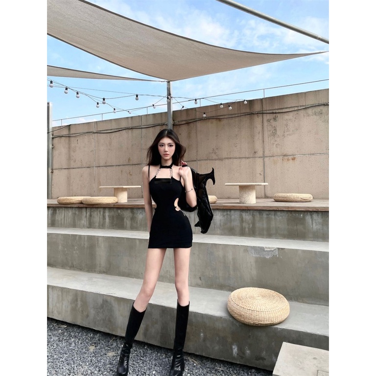 [F &amp; X] Đầm Hai Dây Màu Đen Khoét Rỗng Gợi Cảm Thời Trang Mùa Hè Cao Cấp Thiết Kế Độc Đáo Cho Nữ