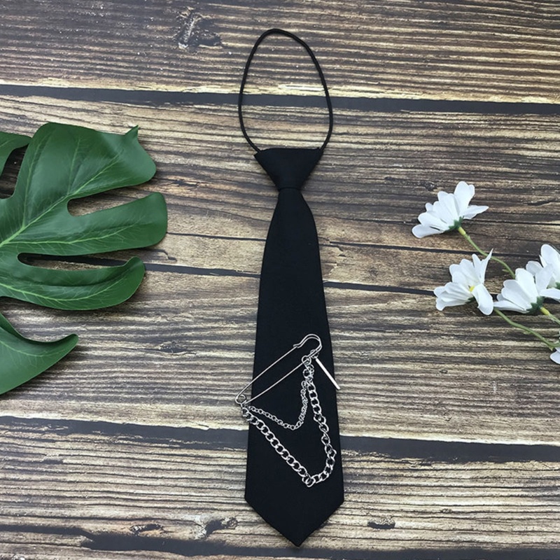 Cà Vạt Đen Phối Dây Xích Kim Loại Kiểu Vintage Gothic Cá Tính Cho Đồng Phục Học Sinh Janpanese