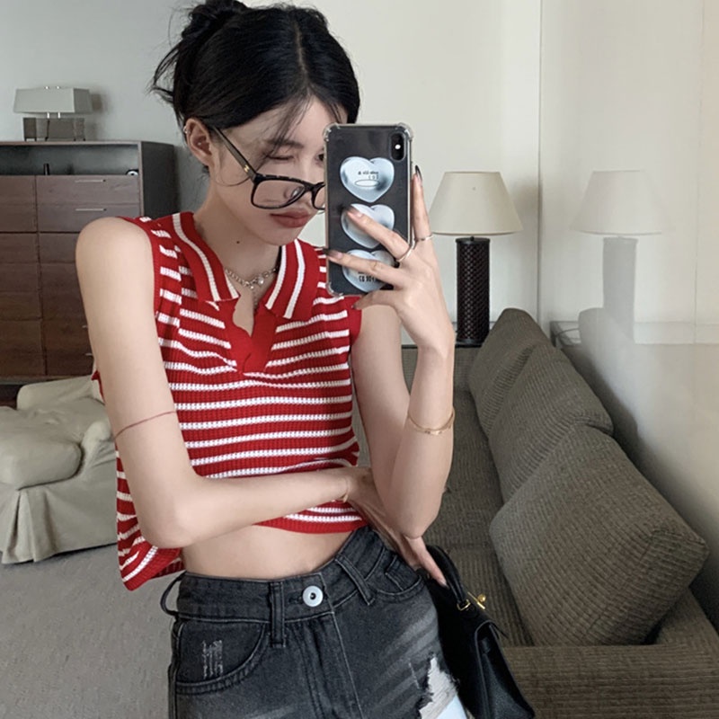 Enjoy Freedom Áo Len Không Tay Họa Tiết Kẻ Sọc Thời Trang Mùa Hè Phong Cách Hàn Quốc Mới Cho Nữ