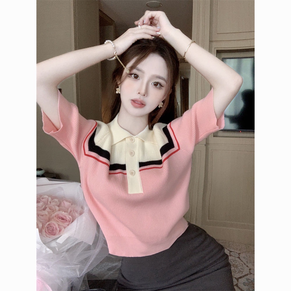 Áo Polo Dệt Kim Kẻ Sọc Thời Trang Mùa Hè Cho Nữ