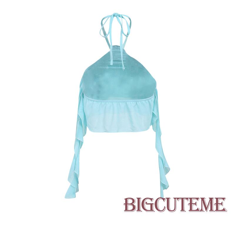 [] - Áo Không Tay Mini Mùa Hè Có Diềm Xếp Nếp Màu Trơn Họa Tiết Hoa 3D Màu Xanh Lam / Hồng / Trắng Cho Nữ