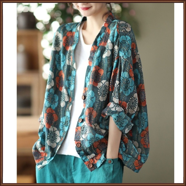 Áo Sơ Mi Vải Lanh Cổ Chữ V Tay Dài Dáng Rộng In Họa Tiết Thời Trang Dành Cho Nữ