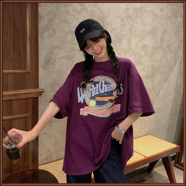 Áo Thun Tay Ngắn Cổ Tròn Dáng Rộng In Chữ Thời Trang Cho Nữ