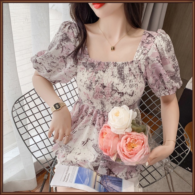 Áo Thun Tay Phồng Cổ Vuông Xếp Ly Viền Bèo In Họa Tiết Thời Trang Cho Nữ