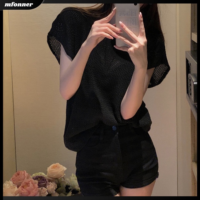 Áo Thun Dệt Kim Tay Ngắn Dáng Rộng Thời Trang Quyến Rũ Cho Nữ