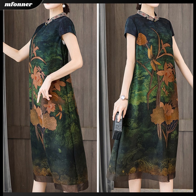 Đầm Midi Chữ A Tay Ngắn Cổ Tròn Eo Cao In Họa Tiết Trung Hoa Cổ Điển Có Size Lớn Cho Nữ