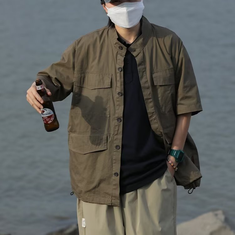 Áo Sơ Mi Nam Tay Ngắn Cổ Đứng Dáng Rộng Thời Trang Công Sở