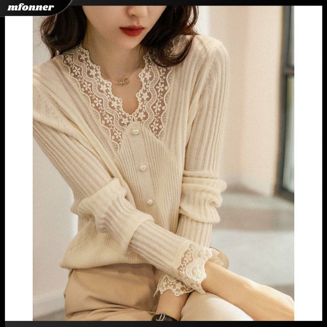 Áo Dệt Kim Nữ Tay Dài Cổ Chữ V Phối Ren Màu Trơn Thời Trang