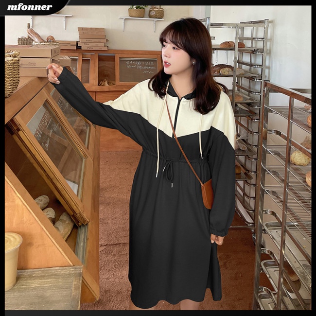 Đầm Thể Thao Tay Dài Có Mũ Trùm Phối Dây Rút Màu Sắc Tương Phản Cá Tính Cho Nữ