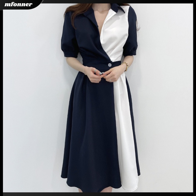 Đầm Tay Phồng Cổ Chữ V Màu Sắc Tương Phản Thời Trang Mùa Hè Cho Nữ