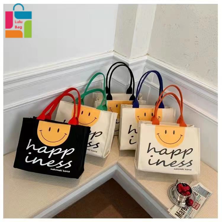 Mới Túi Xách Nữ Vải Canvas In Hình Mặt Cười Xinh Xắn