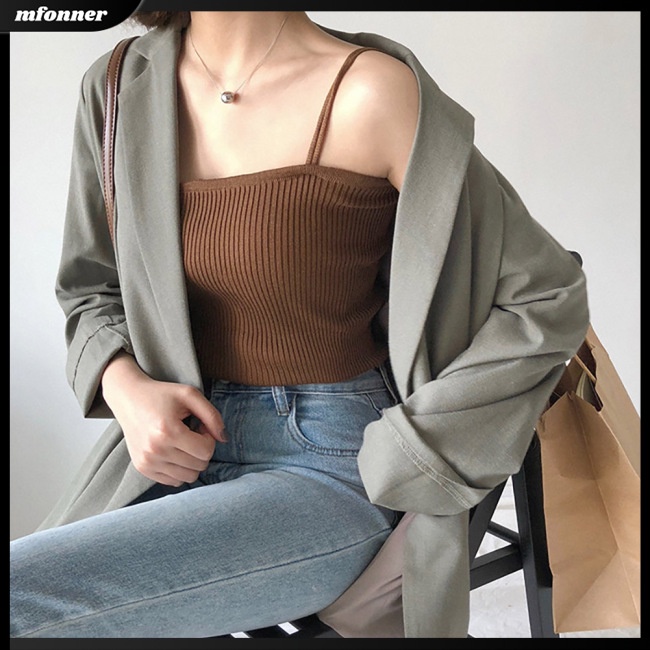 Áo Hai Dây Dệt Kim Màu Sắc Trơn Phong Cách Hong Kong Cổ Điển Thời Trang Mùa Hè Cho Nữ