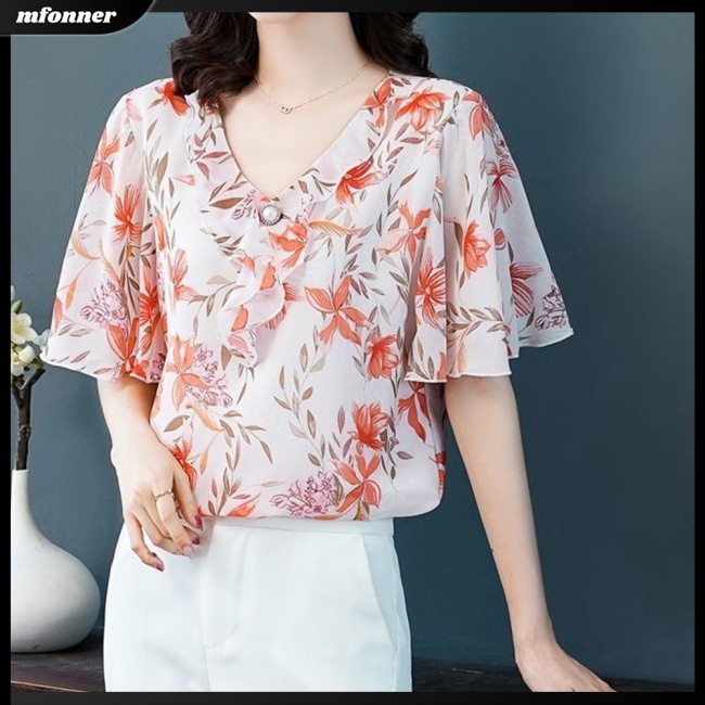 Áo Sơ Mi Chiffon Tay Lửng Dáng Rộng Cổ Chữ V In Hoa Thời Trang Mùa Hè Cho Nữ