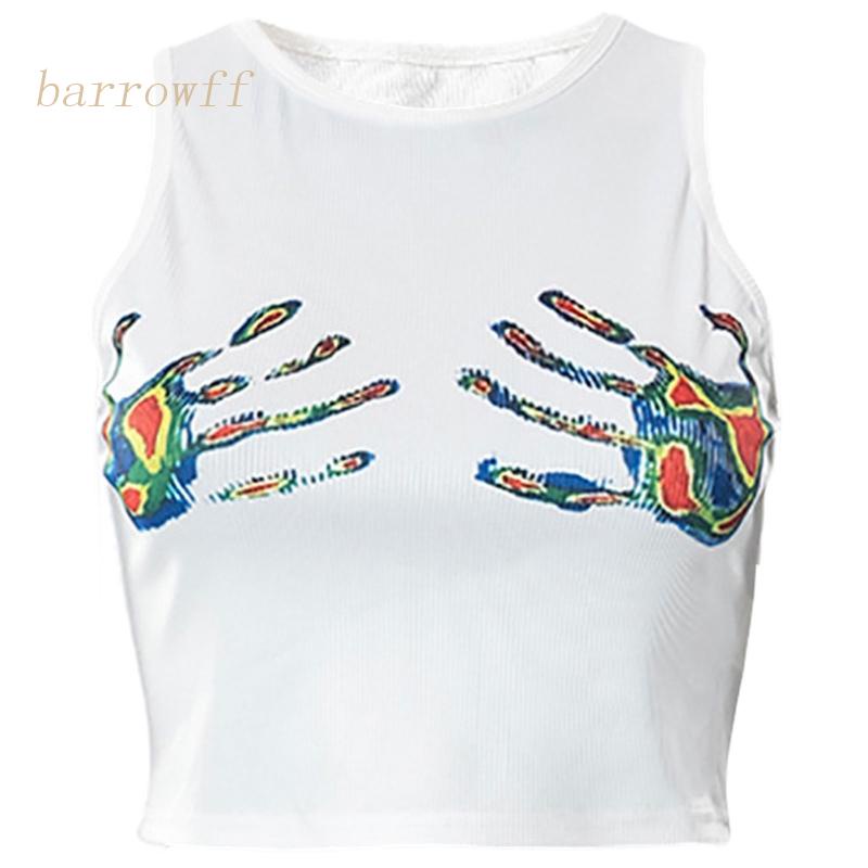 Brroa Áo Crop Top Dệt Kim Không Tay Có Gân In Hình Bàn Tay Phong Cách Harajuku Mùa Hè Cho Nữ