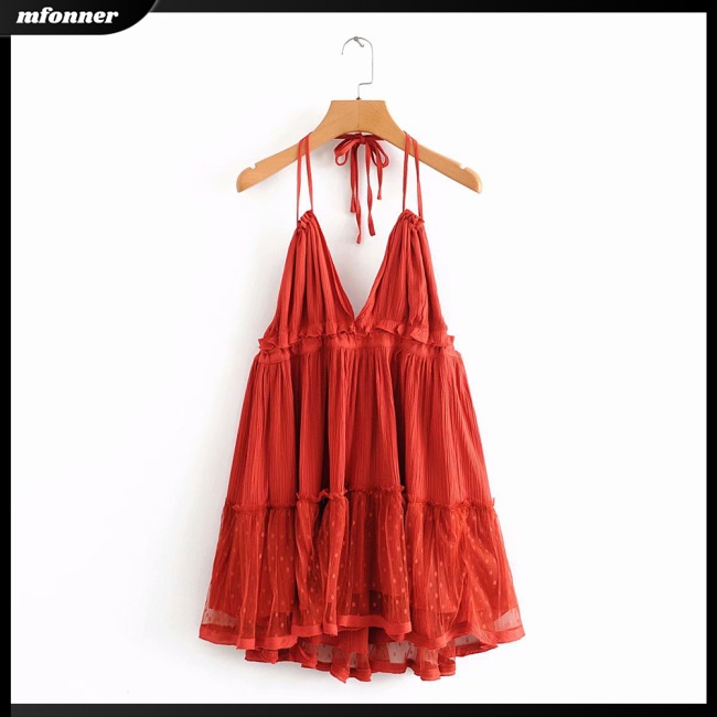 Đầm Hai Dây Cổ Chữ V Phối Lưới Màu Sắc Trơn Thời Trang Mùa Hè Cho Nữ