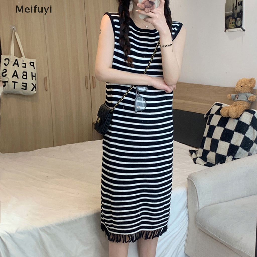 Đầm Midi Không Tay Dáng Suông Họa Tiết Kẻ Sọc Phối Tua Rua Phong Cách Hàn Quốc Cổ Điển Thời Trang Mùa Hè Cho Nữ