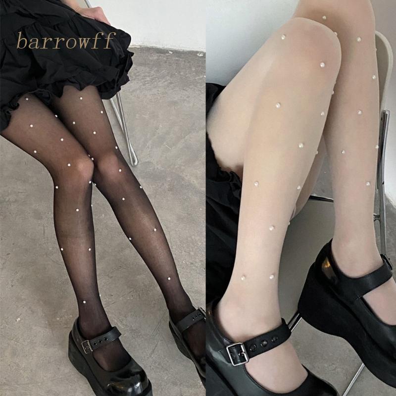 Brroa Quần Tất Siêu Mỏng Xuyên Thấu Đính Hạt Ngọc Trai Giả Màu Trơn Cho Nữ