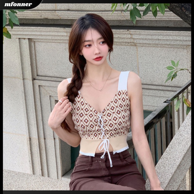 Áo Croptop Dệt Kim Sát Nách Cổ Chữ V Họa Tiết Sọc Ca Rô Thời Trang Quyến Rũ Cho Nữ