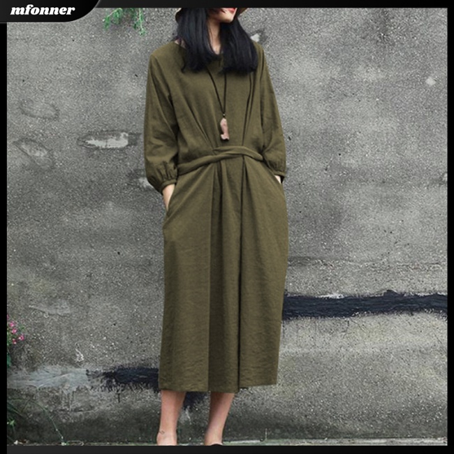 Đầm Midi Cotton Tay Dài Cổ Tròn Thắt Dây Eo Màu Sắc Trơn Phong Cách Nhật Bản Dành Cho Nữ