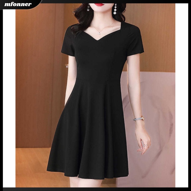 Đầm Tay Ngắn Cổ Chữ V Màu Sắc Đơn Giản Thanh Lịch Dành Cho Nữ