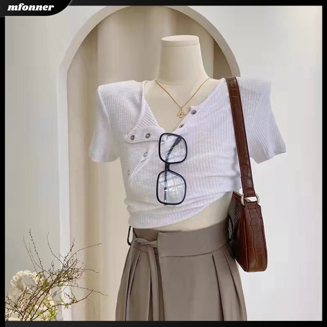 Áo Thun Croptop Tay Ngắn Cổ Chữ V Màu Sắc Đơn Giản Cho Nữ
