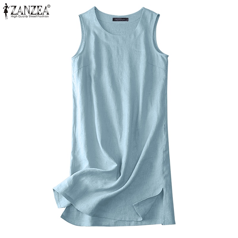 Zanzea Đầm Nữ Cộc Tay Cổ Tròn Xẻ Tà Thời Trang