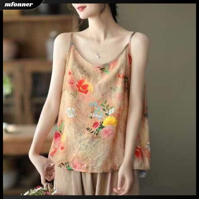 Áo Hai Dây Mỏng Họa Tiết Hoa Phong Cách Retro Cho Nữ