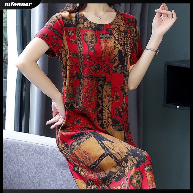 Đầm Midi Giả Lụa Lạnh Tay Ngắn Cổ Tròn Dáng Rộng Thời Trang Cho Nữ