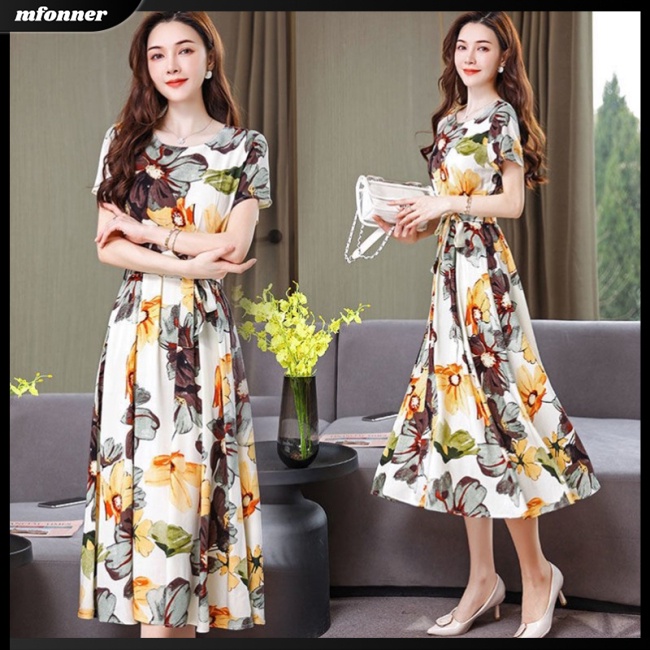 Đầm Dáng Chữ A Tay Ngắn Cổ Tròn Họa Tiết Hoa Nhiều Màu Sắc Thời Trang Cho Nữ