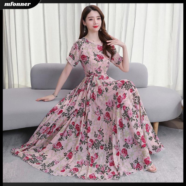 Đầm Dài Tay Ngắn In Hoa Thời Trang Mùa Hè Dành Cho Nữ