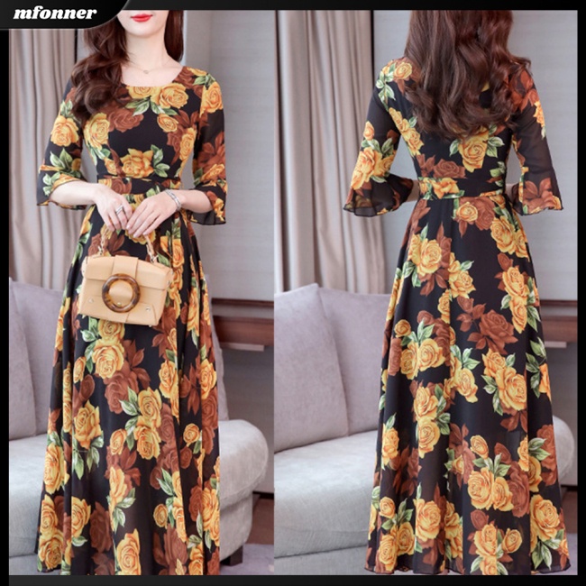 Đầm Dài Chữ A Tay Lửng In Họa Tiết Thời Trang Mùa Hè Dành Cho Nữ