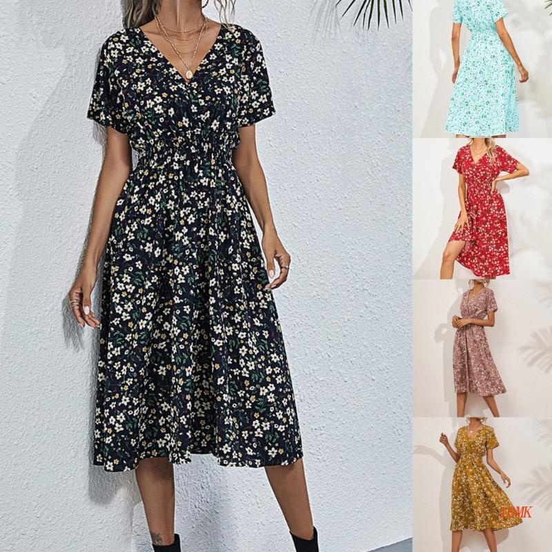 Đầm Dài Tay Ngắn Cổ Chữ V Họa Tiết Hoa Thời Trang Đi Biển Cho Nữ