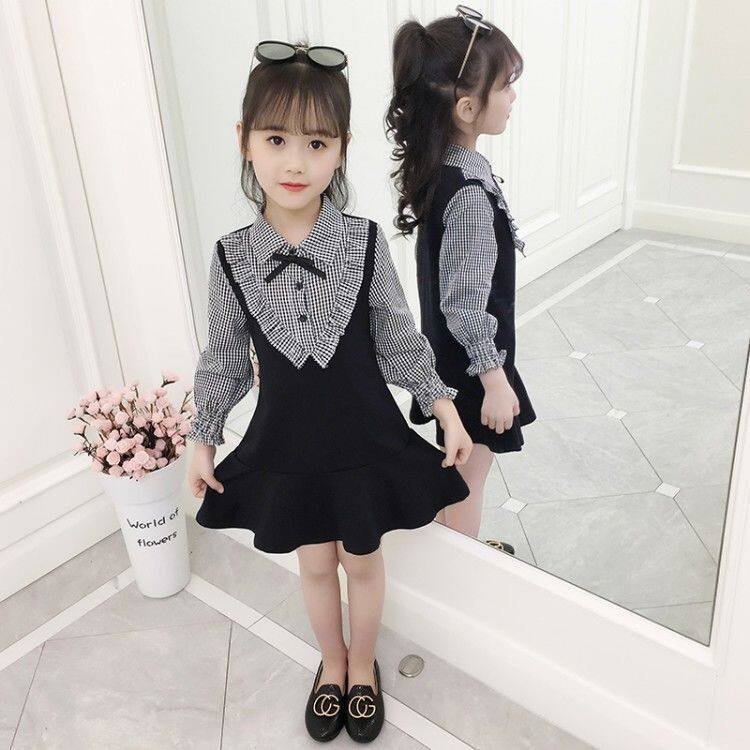 Đầm Tay Dài Giả Hai Lớp Thắt Nơ Họa Tiết Sọc Caro Phong Cách Hàn Quốc 110-160cm Cho Bé Gái 3-14 Tuổi