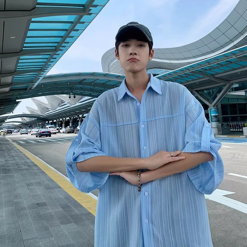 Set Áo Sơ Mi Tay Ngắn Kẻ Sọc Phối Quần Short Thời Trang Hàn Quốc Cá Tính Cho Nam